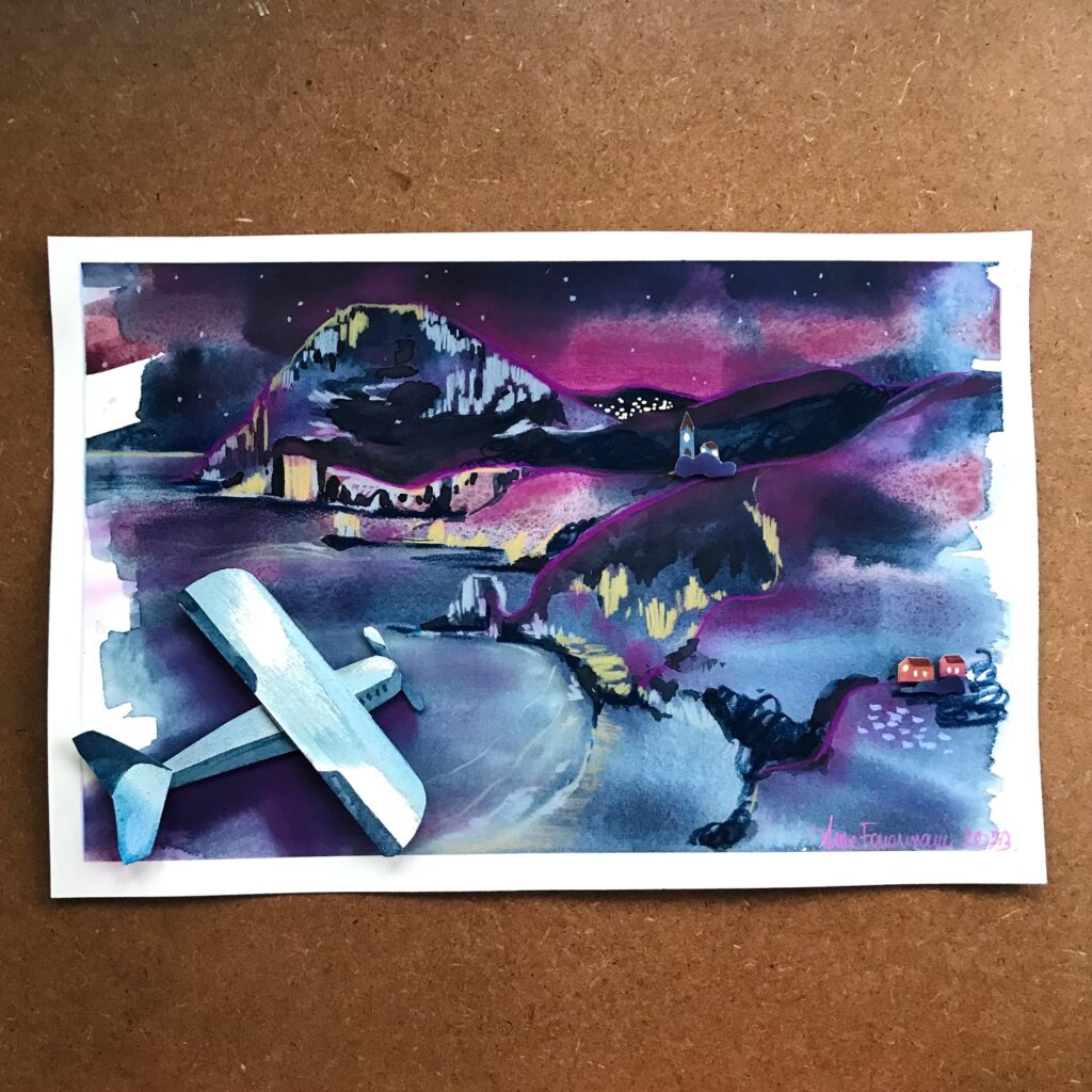 Peinture à l'aquarelle inspirée de la lecture du livre Vol de Nuit d'Antoine de Saint-Exupéry